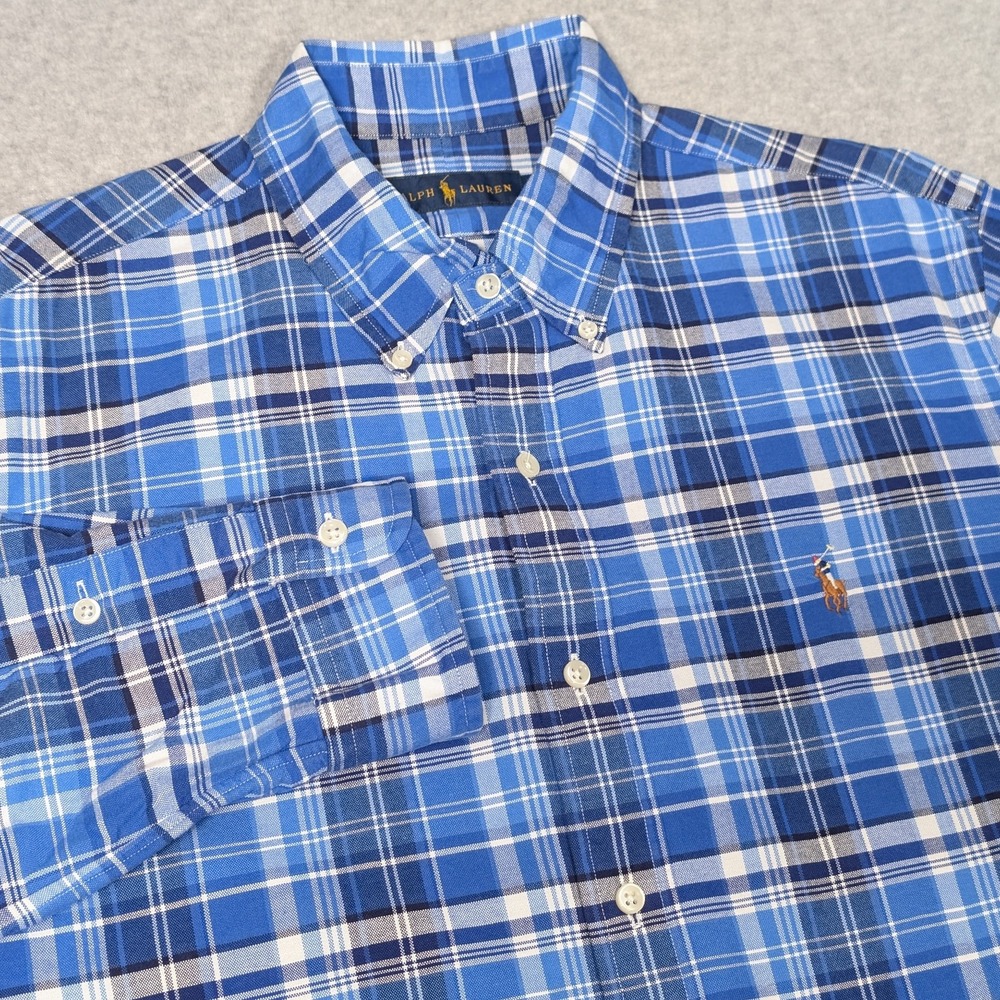 Ralph Lauren Oxford Button Down Shirt Mens Large Blue Plaid Long Sleeve